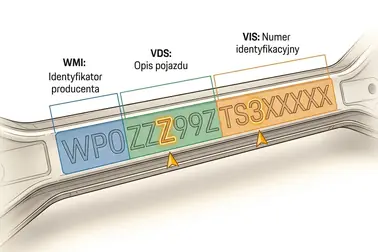 Przykład numeru VIN WP0ZZZ99ZTS3XXXXX z wyraźnym podziałem na WMI, VDS i VIS