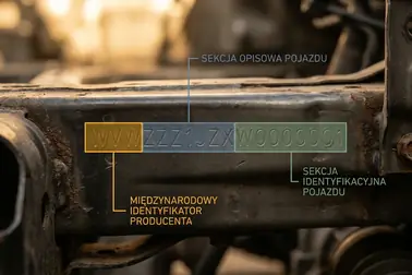 Przykładowy 17-znakowy VIN podzielony na sekcje WMI, VDS i VIS