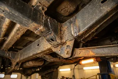 Rama samochodu 4x4 z zaznaczonymi zakładkami, wspornikami i profilami narażonymi na błoto