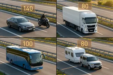 Samochód osobowy, motocykl, autobus, ciężarówka i zestaw z przyczepą na autostradzie z przypisanymi limitami prędkości