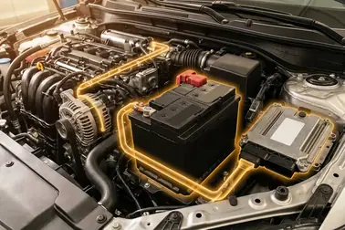 Schemat przepływu energii między akumulatorem, alternatorem i elektroniką samochodu