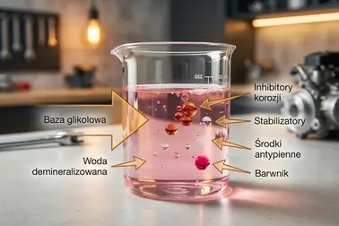 Schemat składników płynu Borygo obejmujący bazę glikolową, wodę, inhibitory korozji, stabilizatory, środki antypienne i barwnik