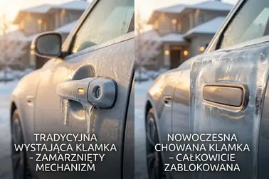 Tradycyjna i chowana klamka samochodowa z zaznaczonymi miejscami gromadzenia się lodu