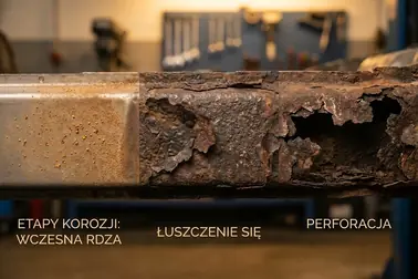 Trzy stopnie korozji podwozia: powierzchniowy nalot, łuszcząca rdza i perforacja blachy