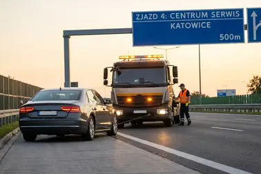 Unieruchomiony samochód na autostradzie oraz pojazd przeznaczony do holowania kierujący się do najbliższego wyjazdu