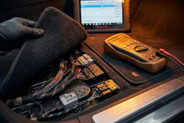 Wilgoć pod wykładziną w pobliżu przewodów i złączy elektrycznych samochodu