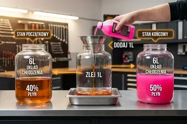 Wizualizacja bilansu płynu chłodniczego podczas korekty stężenia mieszanki z 40% do 50% w układzie o pojemności 6 litrów