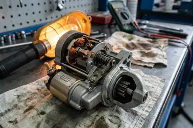 Zdemontowany rozrusznik z widocznym elektromagnesem i mechanizmem sprzęgającym