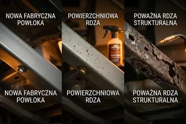 Zdrowa powłoka, rdza powierzchniowa i zaawansowana korozja podwozia wymagająca naprawy