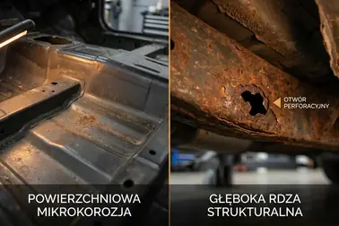 Zestawienie powierzchniowej mikrokorozji podwozia i perforacji metalu wymagającej naprawy