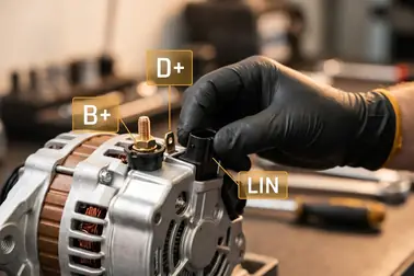 Złącze regulatora alternatora z oznaczeniami zacisków B+, D+/L, S, IG i LIN