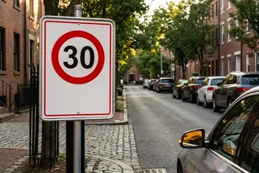 Znak B-43 z ograniczeniem do 30 km/h przy wjeździe do strefy