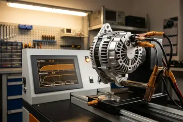 Zregenerowany alternator podłączony do profesjonalnego stanowiska pomiarowego podczas obciążeniowego testu parametrów